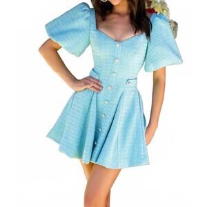 NEW AVA PRESLEY puff sleeve fitted mini dress in aqua